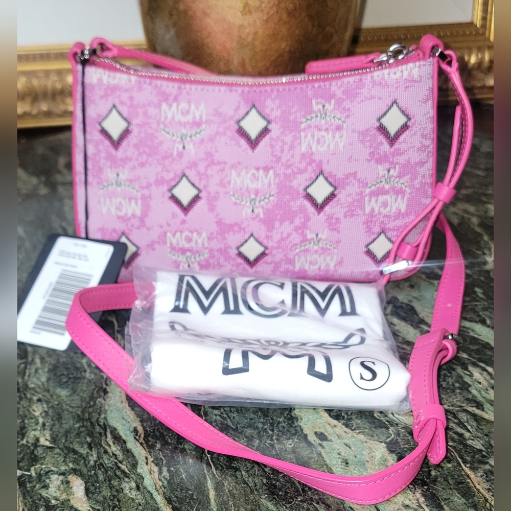 NEW MCM Pink Black Portuna Jacquard Monogram Mini Shoulder Bag Crossbody $790